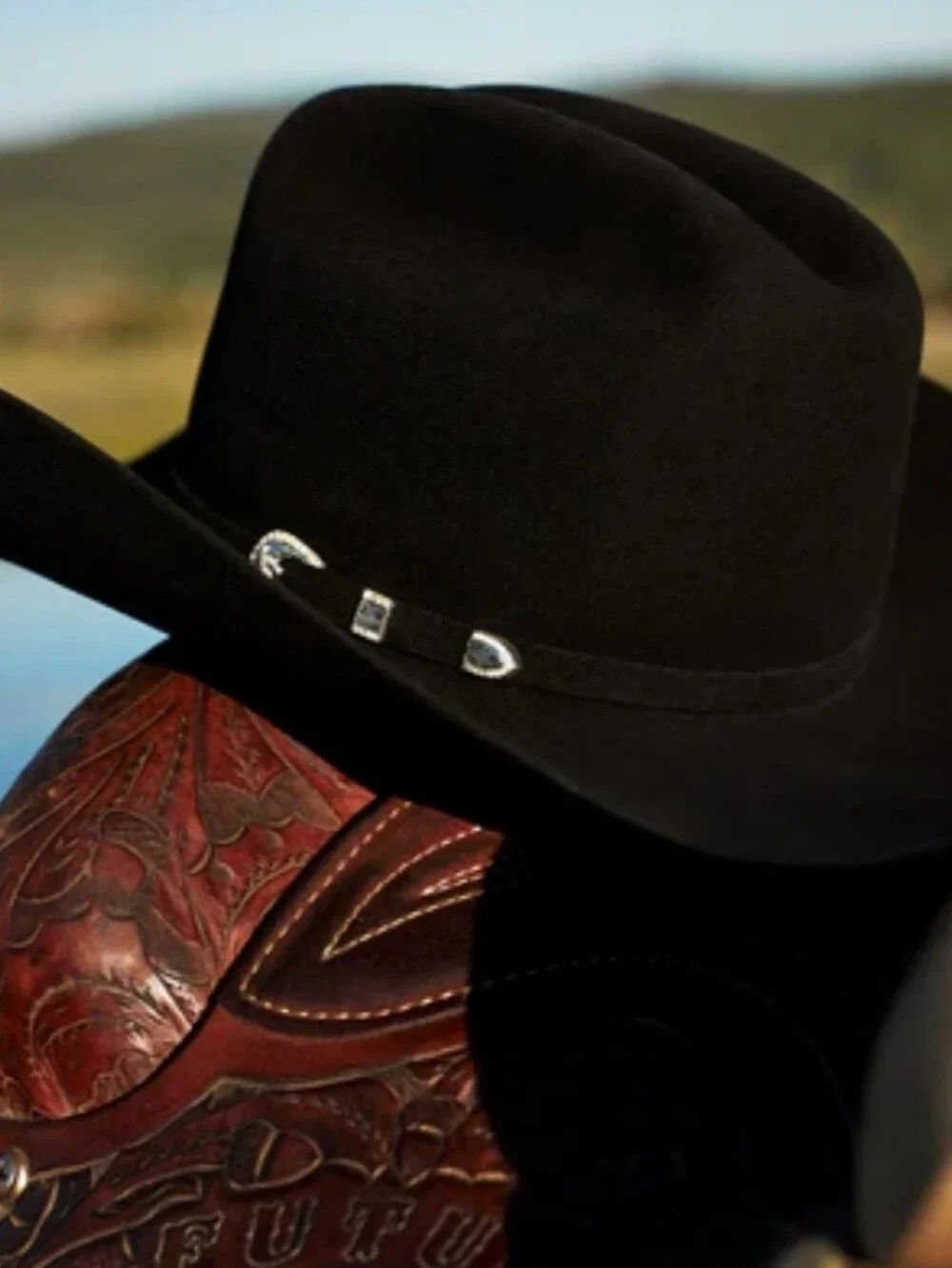 STESON Black Wide Brim Hat CLASSIC Cowboy SKYLINE SILVER Buckle 6 5/8 Never Worn - Picture 4 of 7